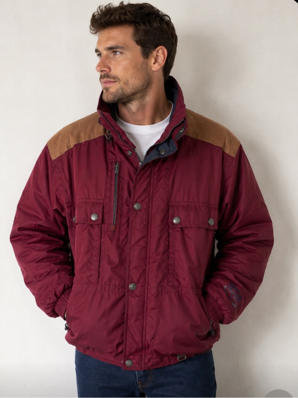 Vintage Obermeyer Men's Burgundy Ski Jacket with Tan Shoulder Panels